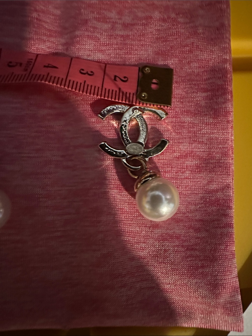 CHANEL Gold CC Crystal Drop Earrings with Pink Pearl Drops - Picture 4 of 6